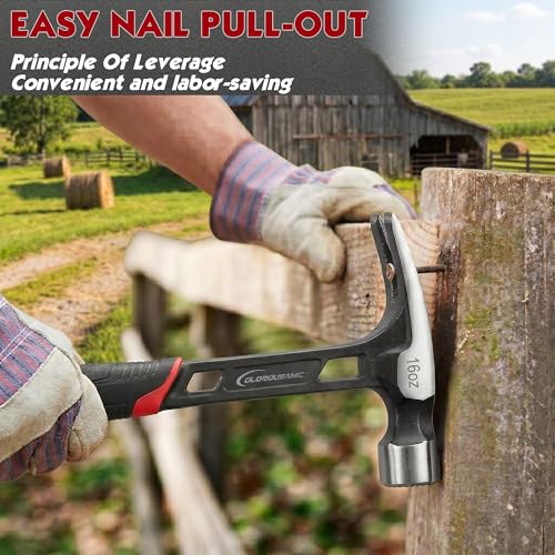 16 oz Straight Rip Claw Hammer with Milled Face & Shock Reduction Grip, Magnetic Nail Holder, Heavy Duty One-piece Forged Hammer (16oz)