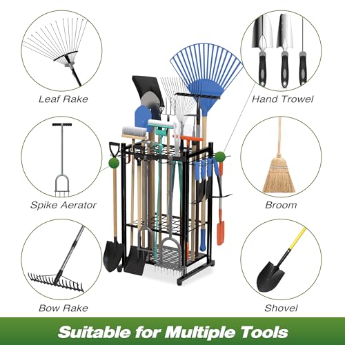 Sttoraboks Garden Tool Organizer Rack Up to 50 Tools, Heavy-Duty Steel Yard Tool Organizer for Garage Storage with 11 Hooks, Broom Holder & Garden Tool Rack for Shed, Patio, Outdoor Use, Black - style: Rack with hooks