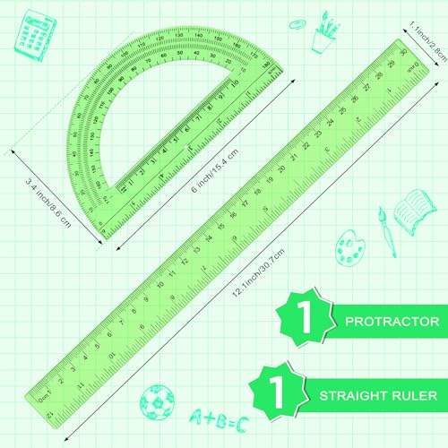 Zonon 2 Pcs 12 Inch Clear Ruler and 6 Inch Plastic Protractor Set, Green - color: Green
