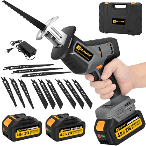 JEXUGK Reciprocating Saw, 21V Cordless Brushless Sawsall with 2 x 4.0Ah battery, 3500 SPM Variable Speed Zaw Saw with 12 Blades, Power Sierra Recíproca Tool‑Free Blade Change for Wood Metal PVC