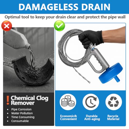 Drain Snake 5Set-33Ft Drain Clog Remover,62inch Heavy Duty Plumbing Snake,20inch Hair Clog Remover,Gloves for Bathtub,Toilet,Sewer,Kitchen Sink,Drainage Pipe(Blue) - style: 5SET Manual Heavy Duty