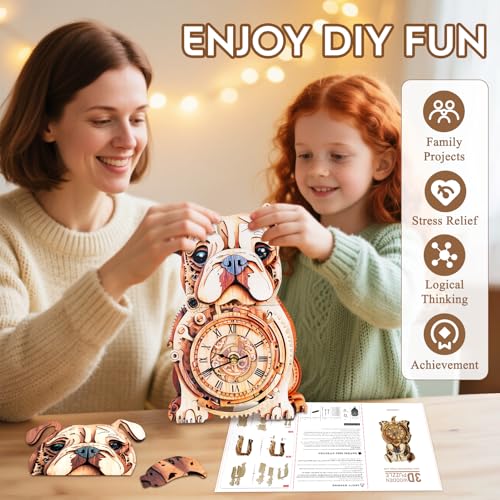 3D Wooden Puzzles for Adults-Bulldog Clock Puzzle-Adult Crafts - color: Bulldog Clock