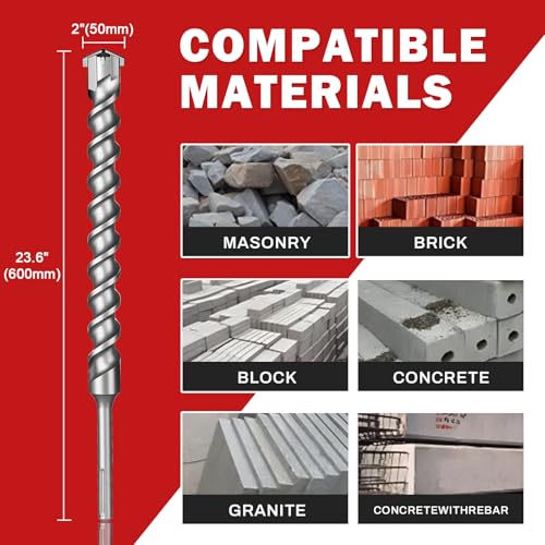 2" x 24" SDS Max Cross-Tip Rotary Hammer Drill Bit with Storage Tube – Heavy Duty Concrete Drill Bit for Masonry, Brick, and Stone, Upgraded Heat-Treated Carbide Head for Durability - size: 2" x 24"