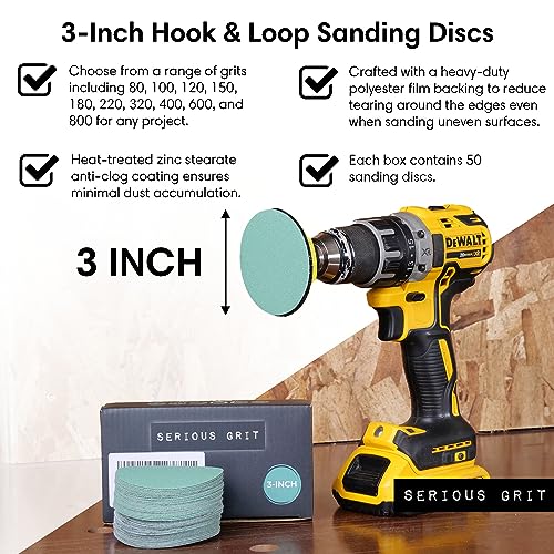 Serious Grit - 3-Inch Sanding Discs - P80 - P220 Assortment - 50 Pack | For Woodturning, Drill Sanders, & More - Includes 10 Each of P80, P120, P150, P180, P220 Grit - Hook & Loop Sandpaper - style: Mixed Grit