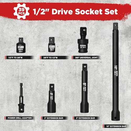 1/2” Drive Impact Deep Socket Set, 39 Pieces Metric(8-24mm)/SAE(5/16 to 1-1/4), CR-V Steel Tool Set with 3”, 5”, 10” Extension Bar, Adapters - color: 1/2-39pcs