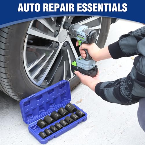 WORKPRO 1/2” Drive Shallow Impact Socket Set, SAE Cr-V Steel 6-Point Socket Set with Storage Case for Automotive Maintenance and Repairs (14PCS 3/8”-1-1/4") - size: 14 PCS, SAE