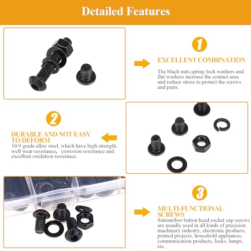 172 Pieces M6 Screws Nuts Washers Set Black, Sutemribor M6 x 8/10/12/16/20/25/30mm Button Head Socket Cap Screws Nuts Washers Assortment Kit, 10.9 Grade Alloy Steel, Fully Threaded - size: M6 Screws Kit, style: Button Head