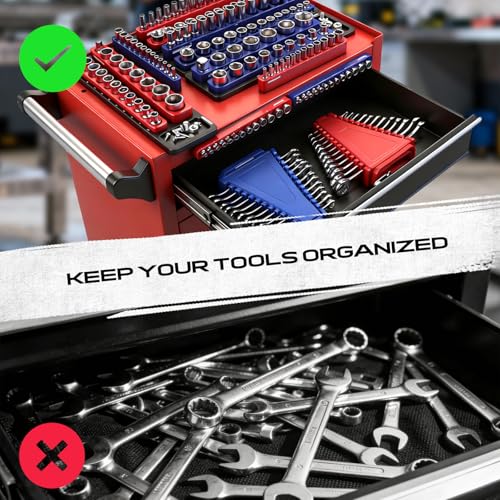 8-Piece Magnetic Socket and Wrench Organizer Set, Metric & SAE, 1/4", 3/8", 1/2"Drive Detachable Socket Storage Tray, 24-Slot Wrench Holder with Non-Slip Handle & Lock Cover for Toolbox Drawer Storage - style: 8-Piece Secure Locking Comb