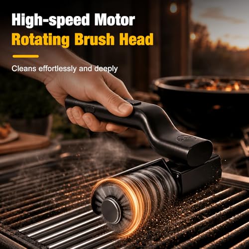 Electric Grill Brush Rechargeable BBQ Cleaning Brush with Rotating Power Scrubber Replaceable Bristle Heads Heavy Duty Grill Cleaner for Outdoor Grill Oven Grates Cast Iron