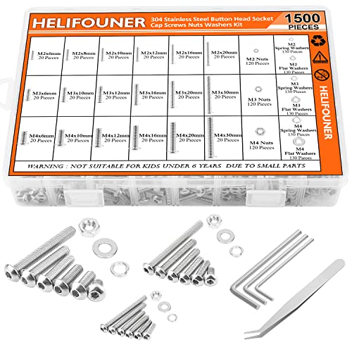 HELIFOUNER 1500 Pieces M2 M3 M4, 304 Stainless Steel Button Head Socket Cap Metric Screws Bolts Washers Nuts Hardware Assortment Kit with Hex Wrenches - style: Button Head