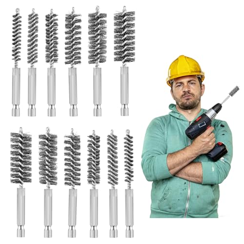 12Pcs Stainless Steel Bore Brush Set,Setwire Brush for Drill, with 8mm-19mmAbrasive Wire Brush , Rust Remover and Pipe Cleaner for Metal Surfaces with 1/4" Hex Shank - style: Stainless steel