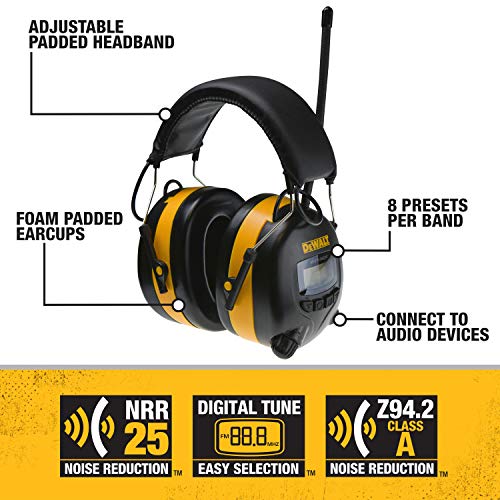 DEWALT DPG15 Hearing Protection Earmuffs with AM/FM Radio, LCD Display, 8 Presets, 3.5mm Aux, NRR 25dB