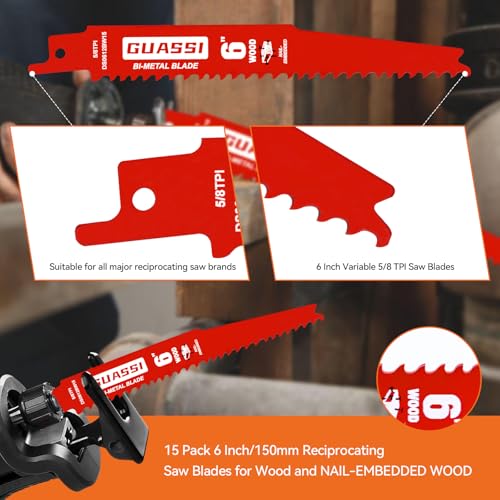 15 Pack 6 Inch 5/8TPI Reciprocating Saw Blades for Nail-Embedded Wood Cutting,for All Rough-in Material Including Nail-Embedded Wood,for Diablo Bi-Metal Sawzall Blades - size: 6 Inch 5/8 TPI