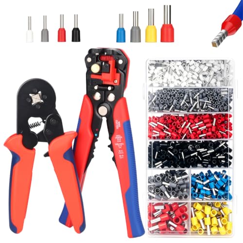 Ferrule Crimping Tool Kit, Square Crimping Plier + Automatic Wire Stripper, 2000PCS Ferrule Terminal Connectors 8 Sizes, for 0.5‑10mm² Electrical Wire, Professional Crimper Set for DIY and Electrician