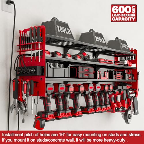 Power Tool Organizer Wall Mount, 12-Drill 4-Tier Charging Station, Red - color: Red
