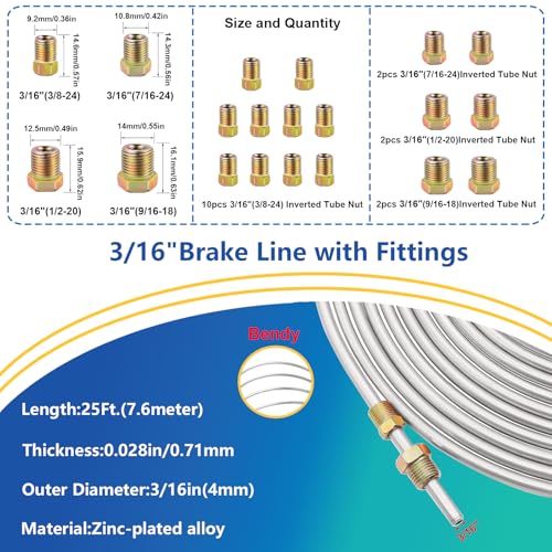 smseace 55Pack 3/16 Inch+3/16 Inch Brake line kit Include 25 FT Zinc-Plated Brake Lines with Fitting(32pcs Fittings,4pcs Union+8pcs Nut) Brake line Bender,Single Flare Tool,Cutter Brake line kit - color: Silver-A, size: 3/16inch+3/16inch