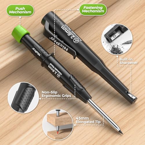 Nicpro Carpenter Pencil with Sharpener, CP3000 Construction Pencils with 6 Refills in a Lead Dispenser, Deep Hole Long Nib Marker Pens for Construction, Heavy Duty Carpenter Tools for Woodworking - style: Carpenter Pencil and Marker Pen