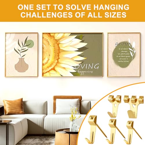 KURUI 303Pcs Picture Hanging Kit, Picture Hangers Assorted Kit with Heavy Duty Picture Hanging Hooks/Hardware Nails/Sawtooth/Wire/D Rings/Level, Metal Picture Wall Hooks for Frame Canvas Mounting - size: Gold