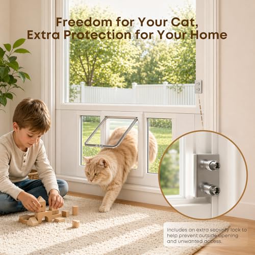 Cat Door for Window, Adjustable 23"-28", 4 Locking Modes + Extra Security Lock for Outside Safety, Window Pet Door with Magnetic Self-Closing, No-Drill Installation, Weatherproof Aluminum Frame Insert - size: 23-28 inches