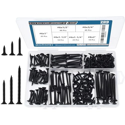 209PCS Black Wood Screw Assortment Kit, 6 Sizes Flat Head Phillips