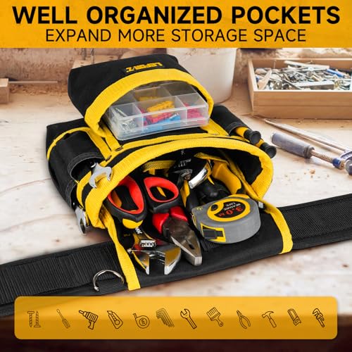 LEFOR·Z Tool Belt with 4 D-Rings,27-Pockets Tool Belts for Men,Construction - color: Yellow & Black, size: 27 Pockets with Magnet Pouch