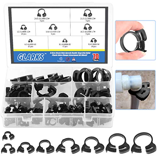 Glarks 70Pcs 8 Size Heavy Duty Black Double Gripping Nylon Hose Clamps Set, 6.6-27.2mm Plastic Snap Ratcheting Clamps Assortment Kit (Black 70Pcs)