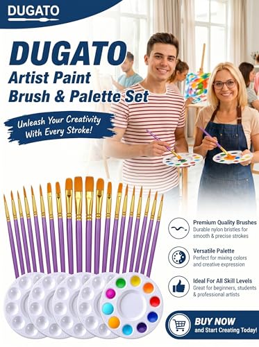 DUGATO Paint Brush & Palette Set, 20 Brushes with 5 Mixing Trays, Purple - color: Purple