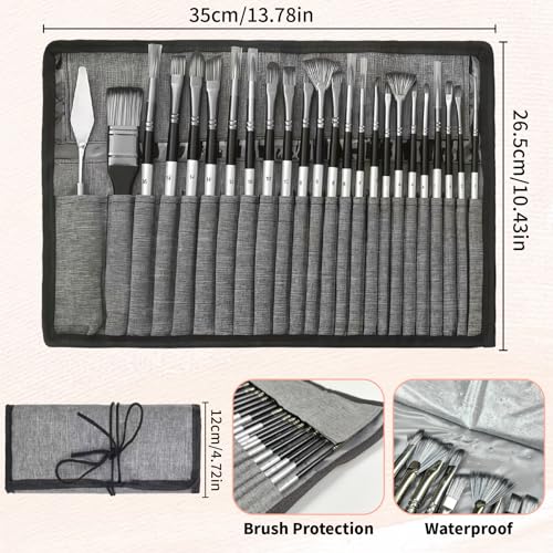 25pcs Paint Brush Set, Professional Artist Paint Brushes for Acrylic Painting, Oil, Watercolor, Gouache, with Paint Spatula and Cloth Roll - Art Supplies for Artists and Beginners