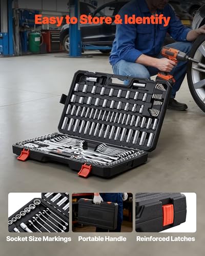 VEVOR Mechanics Tool Set, 159-Piece Mechanic Tool Kit, 1/4 in, 3/8 in, and 1/2 in Drive, SAE and Metric Socket Set, Wrenches, Screwdriver Bits, Accessories, and Storage Case, for Automotive Repair - size: 159-PCS