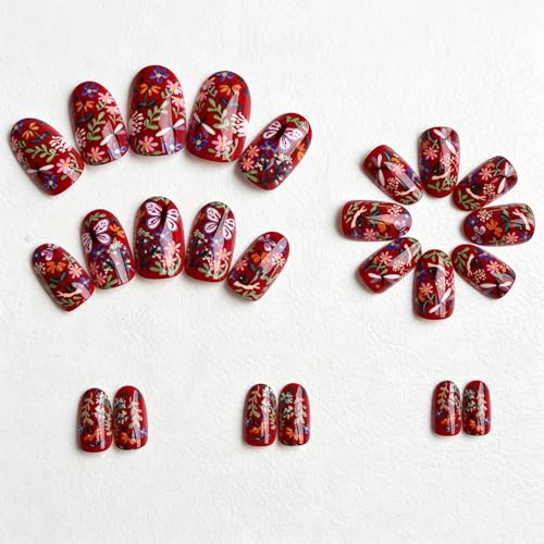 Red Short Press on Nails Flower Butterfly Fake Nails Glossy Finish Reusable False Nails for Women Manicure(design 29） - color: 3D Embossed design 29