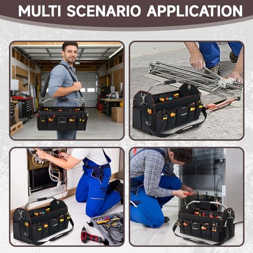 20 In Tool Carrier, Open Top Tool Tote 30 Pockets, Waterproof Tool Bag For Men, Foldable Wide Mouth Electricians Tool Bag, With Stainless Steel Handle and Removable Shoulder Strap - size: 20IN