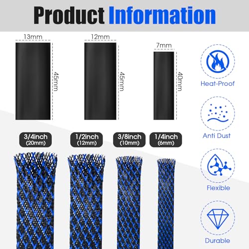 Tatuo 65.6 ft Braided Cable Sleeve Expandable Wire Sheathing(Blue, Black) - color: Blue, Black, size: 65.6 ft