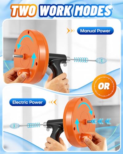 Drain Auger, 25FT Drain Snake with Drill Adapter, Flexible Plumbing Snake Clog Removal Tool with Gloves & Cloth Bag, Use Manually or Powered for Kitchen Bathroom Shower Sink - color: Orange 3