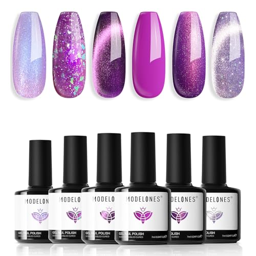 modelones Purple Cat Eye Gel Nail Polish Set, 6 Colors Silver Glitter - color: A-2 Lavender Skies