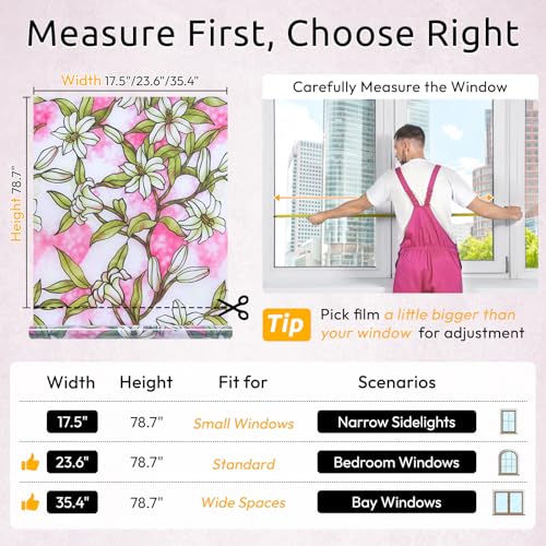 rabbitgoo Stained Glass Window Privacy Film, Pink Lily, 17.5" X 78.7" | Anti UV Heat Blocking Frosted Glass Static Cling Removable, for Bathroom, Bedroom, Living Room - color: Pink Lily, size: 17.5" x 78.7"