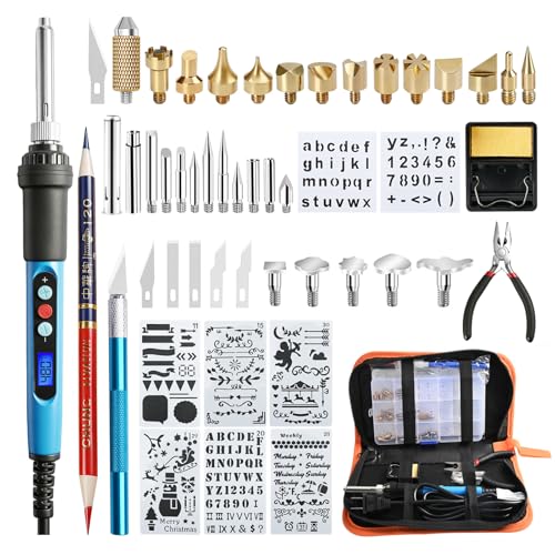 HANDSKIT 52PCS 90W Wood Burning Kit,Wood Burning Tool with LCD Display and Adjustable Temperature 180~480°C,28 Pyrography Tips,6 Blades and 1 Blade Holders,Pyrography Pen for Woodburning Crafts
