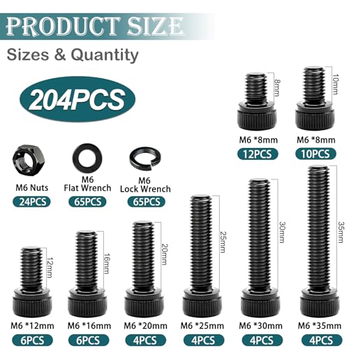 mxuteuk 204PCS M6 Screws,M6x8/10/12/16/20/25/30/35mm Hex Socket Head Cap Bolts with Nuts & Washers,12.9 Grade Alloy Steel Black Zinc Screws Assortment Kit for 3D Printing,DIY - size: 204PCS-M6