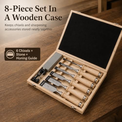 8 Pcs Wood Chisel Set for Woodworking, CR-V Steel Wood Carving Chisels Kit (1/4" to 1-1/2") with Sharpening Stone & Honing Guide, Professional Carpentry Hand Tools in Wooden Box