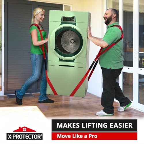 X-Protector Moving Straps - 2 Pairs - Red Lifting Straps for 2 Movers | Move Furniture Easily and Safely - Perfect for Lifting & Moving Heavy Objects (Adjustable Length 50-118”, with Back Support)