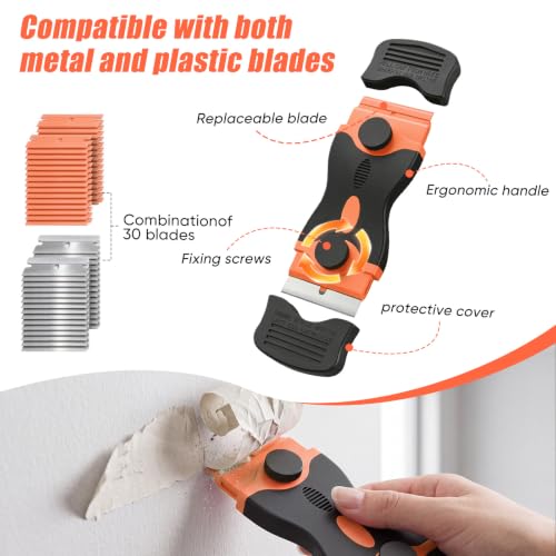 2 Pack Double-Ended Razor Blade Scraper, 30 Blades (Orange) - color: 2 Orange