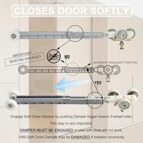 2 Set Pocket Door Soft Close Top Hanger Assemblies Fit for Johnson P/N #1060 & #1062, Works with 100, 134F, 138F, 2610F Series Track, 1" Nylon Ball Bearing Tri-Wheel, Bi-Direction