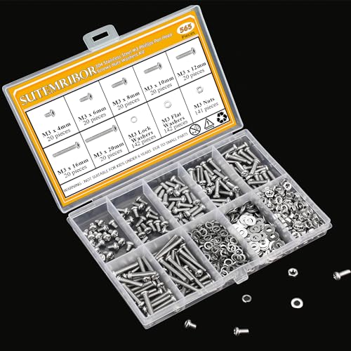565 Pieces M3 Machine Screws Nuts Washers Set, Sutemribor M3 x 4/6/8/10/12/16/20mm Phillips Pan Head Machine Screws Nuts Washers Assortment Kit, 304 Stainless Steel, Fully Threaded - size: M3, style: Phillips Pan Head