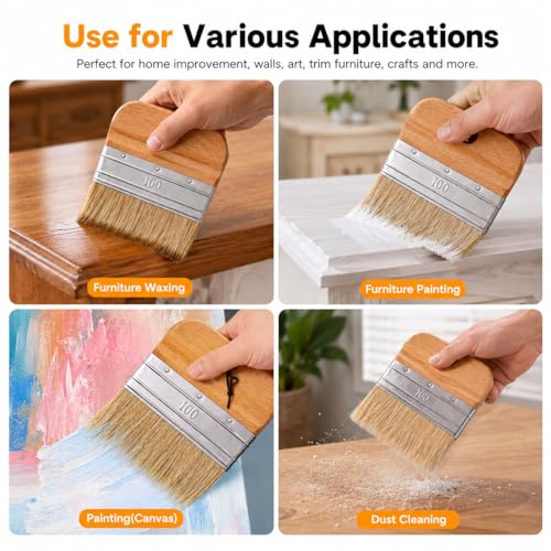 4 Inch Flat Paddle Paint Brush, Chalk Brush with Wooden Handle | Natural Bristle Brush, Wide Paintbrush for Stains, Varnishes, Wall Painting, Furniture Refinishing & DIY Craft Projects - size: 4 Inch Paddle Paint Brush
