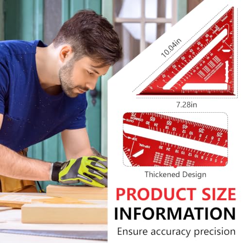 Aluminum Alloy Rafter Square 7 Inch, Carpenter Square Layout Tool with Laser-Etched Scale, Woodworking Triangle Ruler for Carpenters Craftsmen, Multi-Angle Protractor (Red) - color: Red