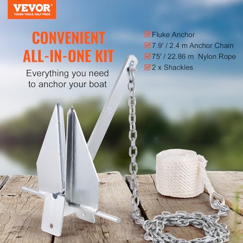 VEVOR Fluke Style Anchor Kit,Hot-Dipped Galvanized Steel Fluke Anchor with 7.9' Chain - size: 8.5 lbs