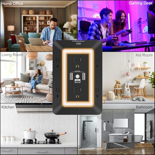 Multi Plug Wall Outlet Night Light, POWRUI 6 Outlet Extender & 3 USB Ports - color: Black(6Outlets/Night Light), size: 2U1C