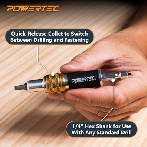 POWERTEC Dual Side Drill and Driver Bit with 1/4" Hex Shank Adapter, for Drilling Pilot Holes & Counterbores, and Fastening #2 Square-Drive Screws, 1 PK (72293) - style: Dual Side Drill & Driver Bit (1/4" Hex Shank)