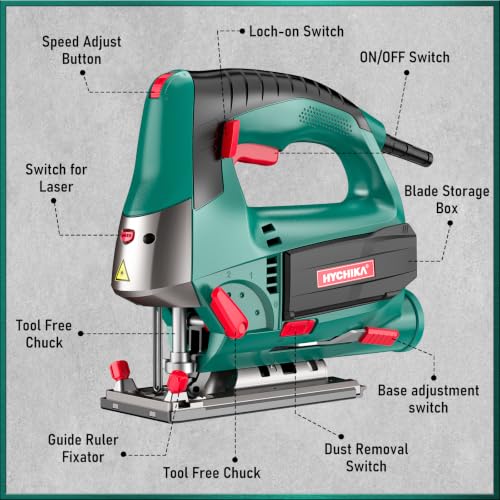 HYCHIKA 6.7A 800W Corded Jig Saw, Jigsaw Tool Power Jig Saws,6‑Speed Up to 3000 SPM, 4 Orbital Settings, Laser Guide, ±45° Bevel Cutting, Tool‑Free Blade Change, 6 Blades for Wood Metal Plastic