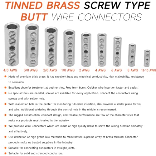 2 Gauge Wire Butt Connectors 6 PCS Tinned Brass Mechanical Butt Splice Connectors Kit 2 AWG Mechanical Repair Splice Kit Splice Screw Sleeves 6 PCS Mechanical Splices with 6 PCS 3:1 Heat Shrink Tubes - color: Tinned Brass