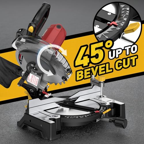 10-inch Compound Miter Saw, 5000RPM, 15 Amp, Single Bevel 0-45° with Extension Table, 36T Blade, Power Saw for Metal, Plastic, Wood, Laminates